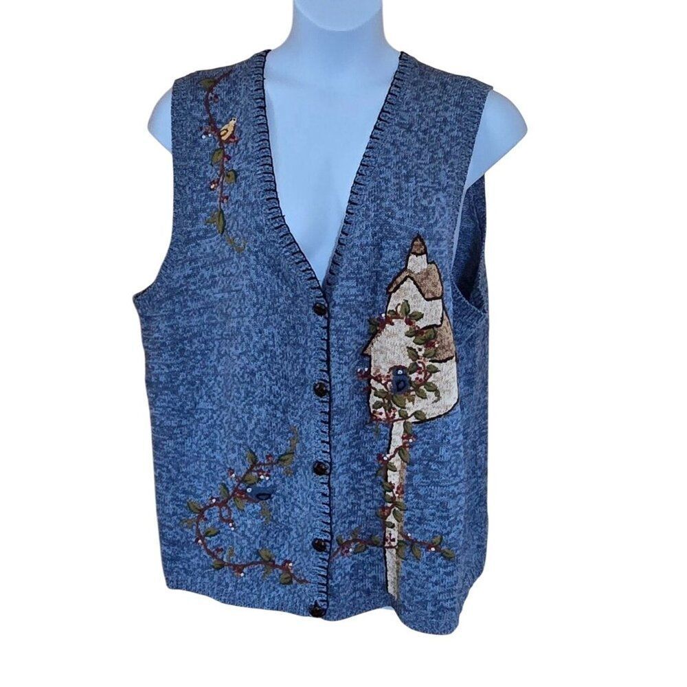 Blue Knit Vest Birdhouse Bird Embroidery Button-Up Vintage boho grannycore